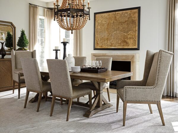 PIERPOINT DOUBLE PEDESTAL DINING TABLE LIFESTYLE WITH CHAIR