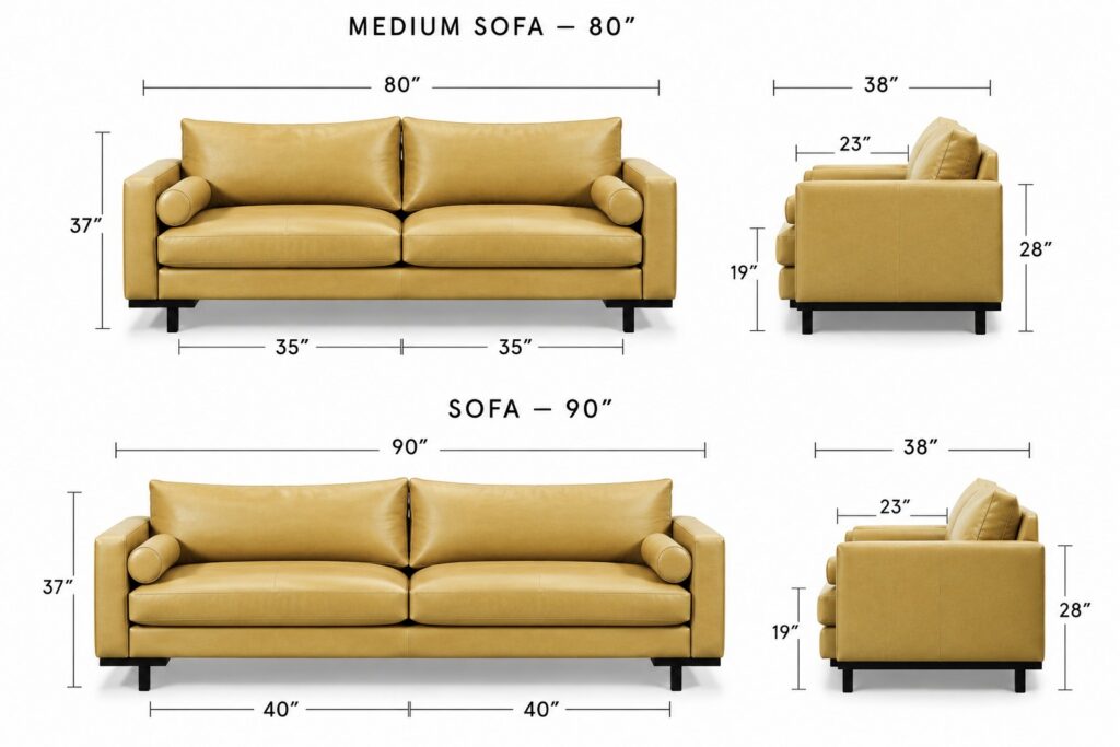 Cassidy Sofa Collection — Medium & Standard Sofa dimensions diagram