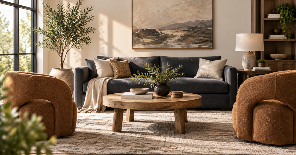 Contemporary living room with sofa, accent chairs and wood coffee table