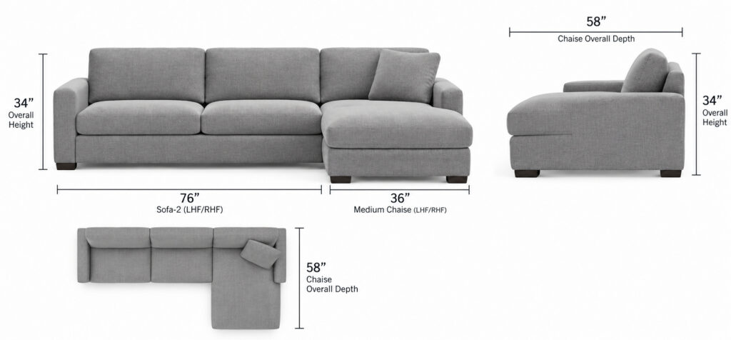 Abby Sectional — Sofa-2 + Medium Chaise dimensions diagram
