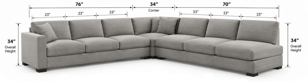 Abby Sectional — Sofa-3 + Corner + Armless Sofa-3 dimensions diagram