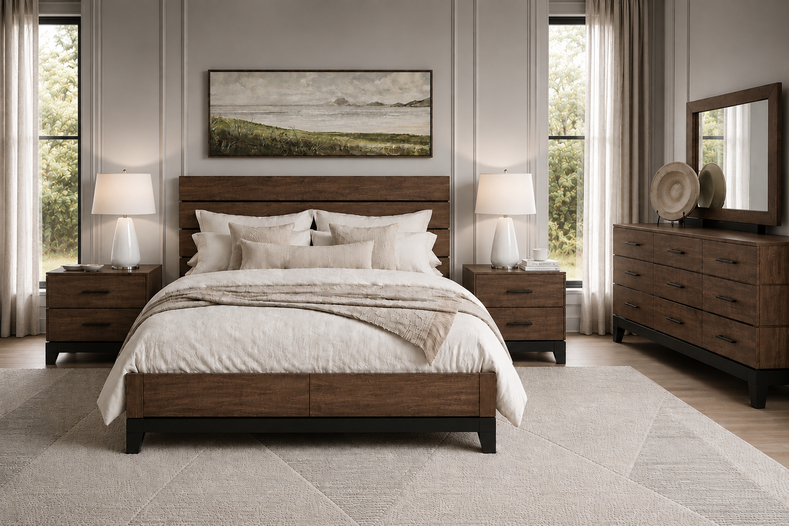 Modern bedroom featuring a wood bed, nightstands and dresser