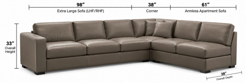 Alfred Sectional — Extra Large Sofa + Corner + Armless Apartment Sofa dimensions diagram