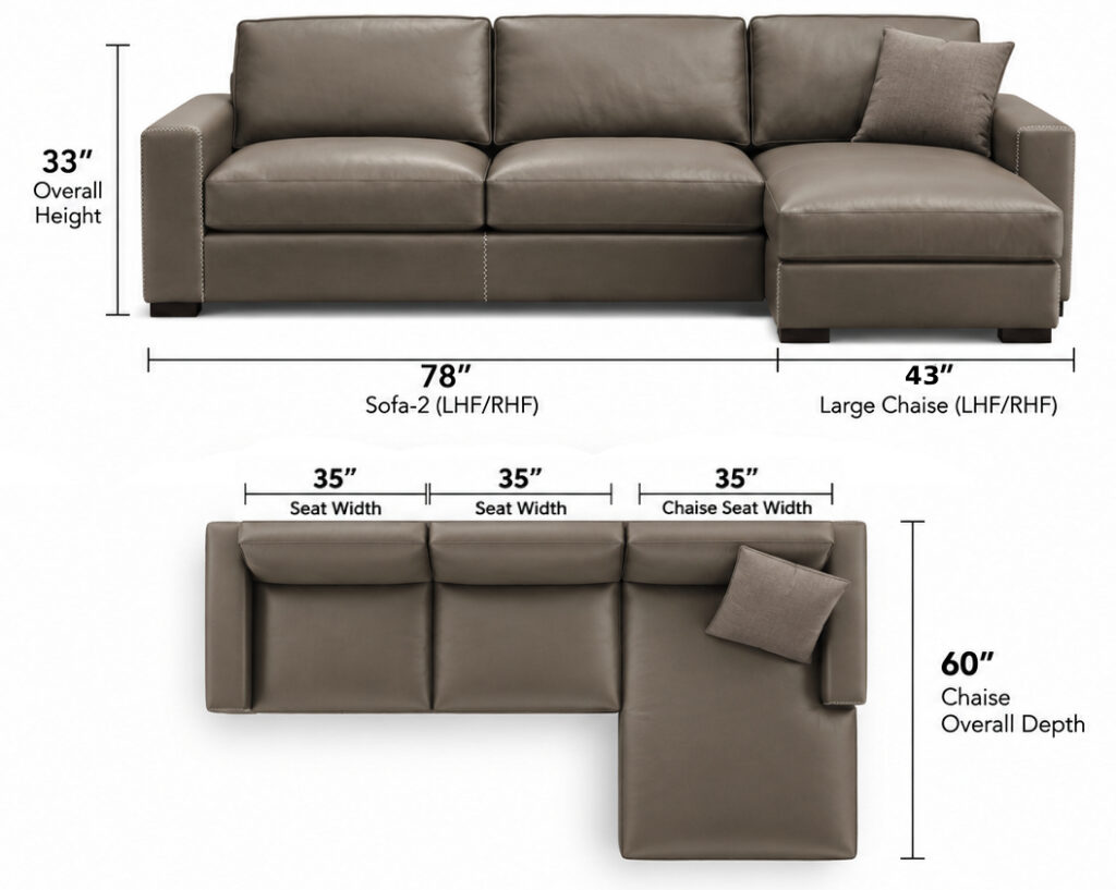 Alfred Sectional — Sofa + Large Chaise dimensions diagram