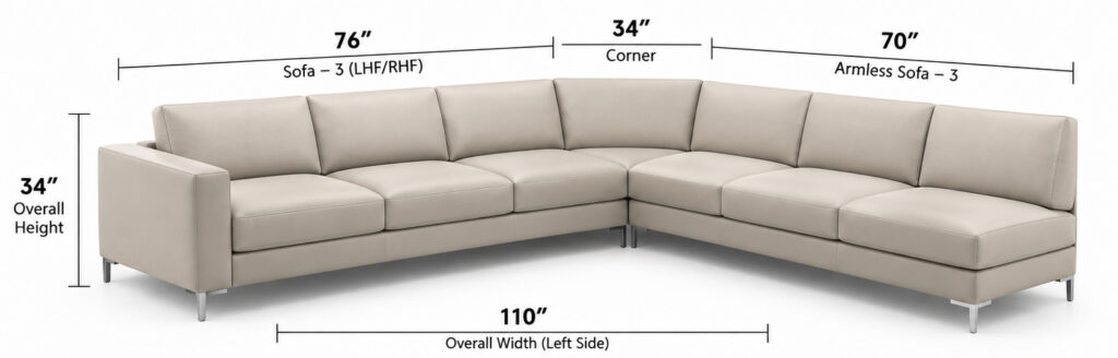 Ancona Sectional — Sofa + Corner + Armless Sofa dimensions diagram