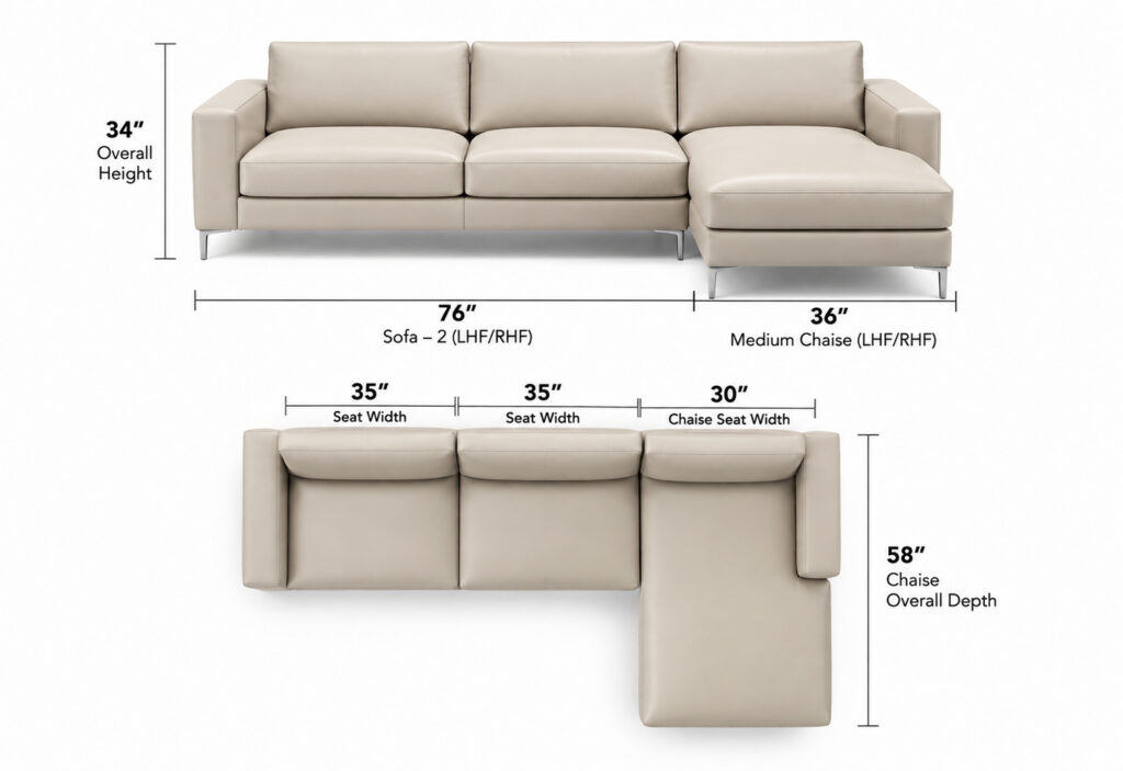Ancona Sectional — Sofa + Medium Chaise dimensions diagram