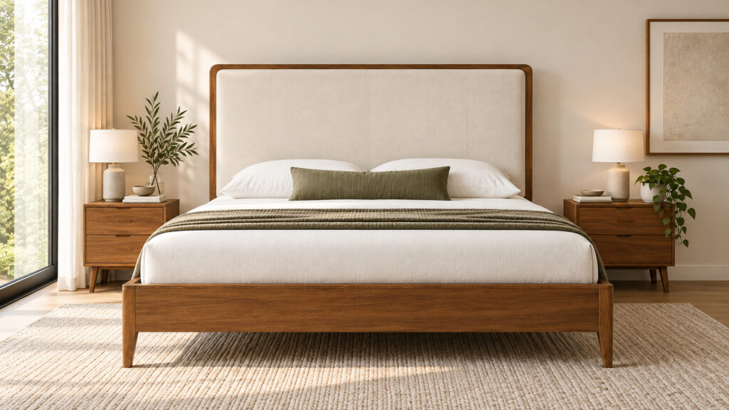 Caledon Bed with wood frame and upholstered headboard