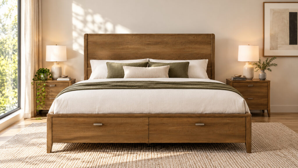 Wood storage bed with panel headboard in a warm modern bedroom