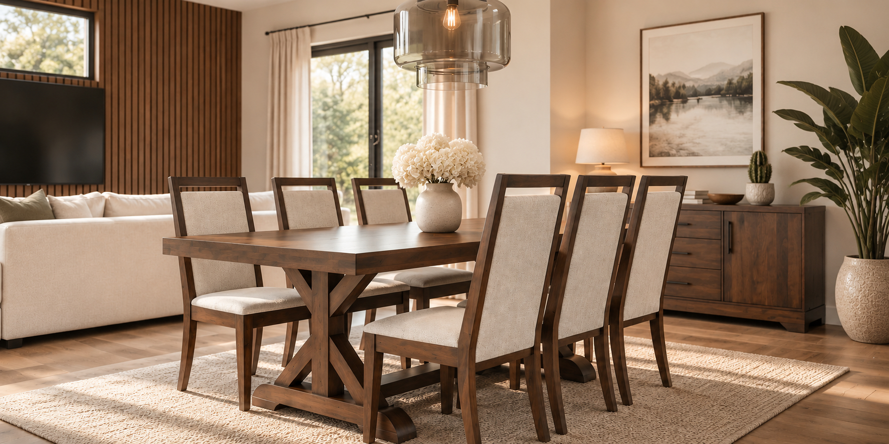 Wood dining table with upholstered chairs in a bright contemporary dining room