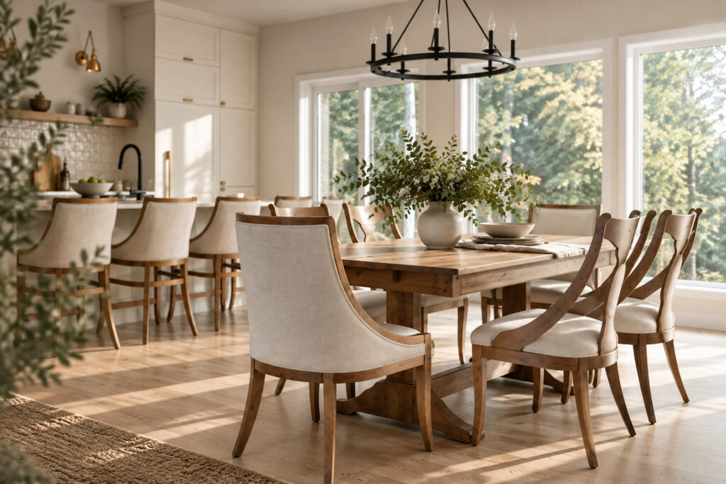 Wood dining table with upholstered chairs in a bright contemporary interior