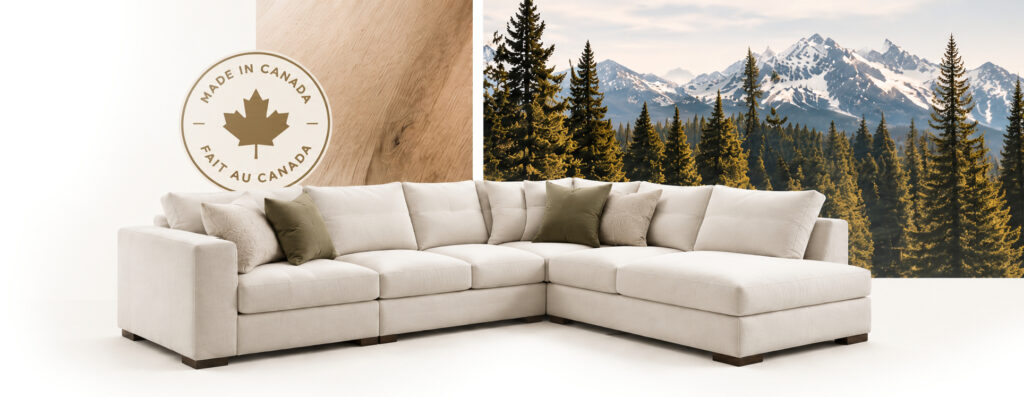 Canadian-made sectional sofa with Made in Canada emblem