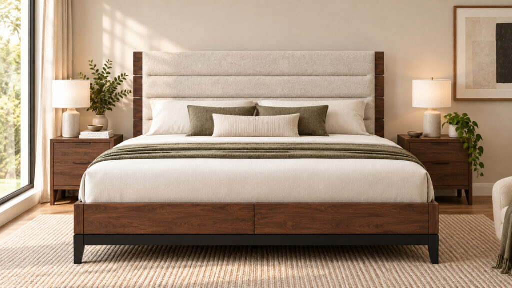 Upholstered panel bed with wood storage drawers in a warm modern bedroom