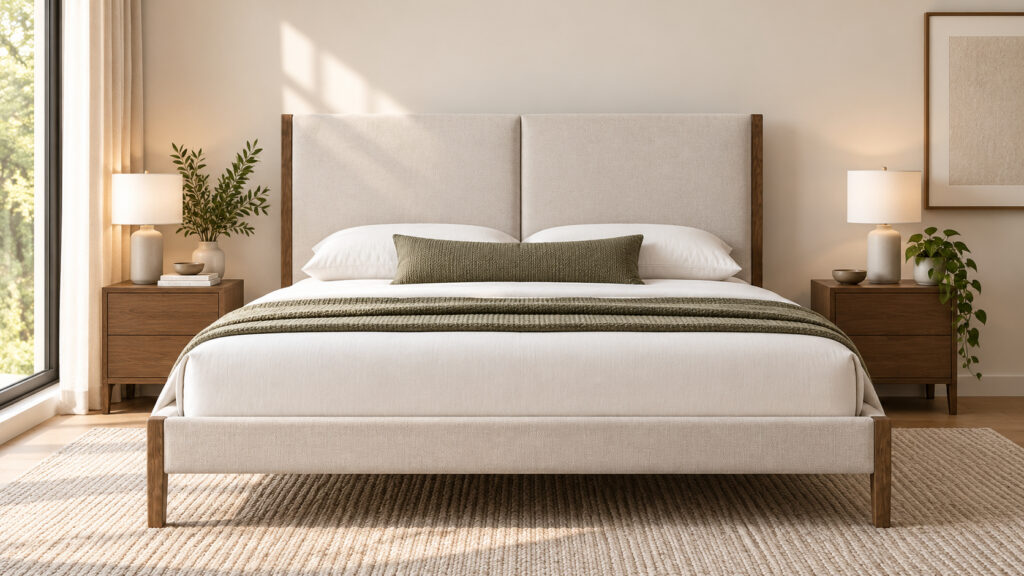 Upholstered bed with solid wood legs in a warm modern bedroom