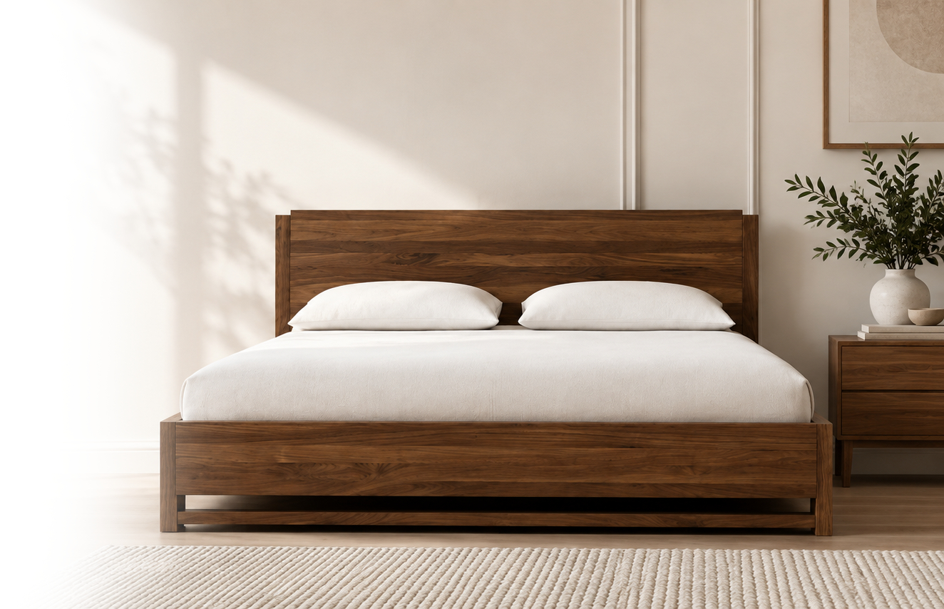 Mid-century modern wood bed in a warm contemporary bedroom