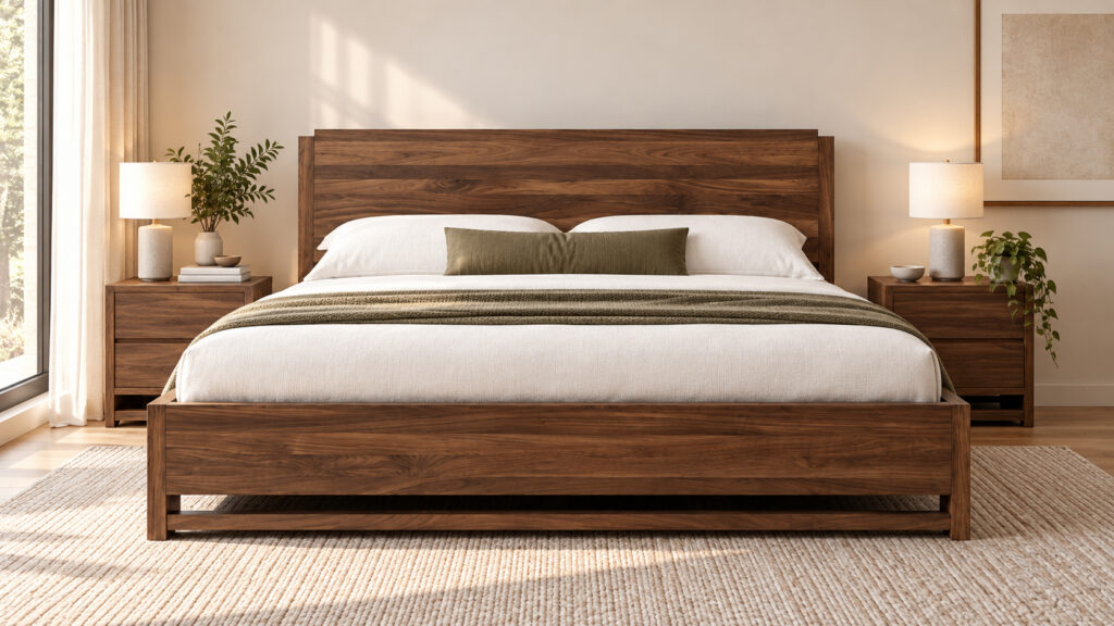 Walnut platform bed in a warm mid-century modern bedroom