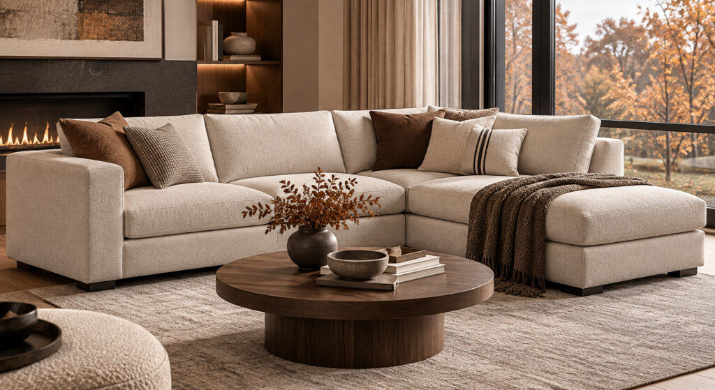 Ready-made sectional sofa in a warm autumn living room