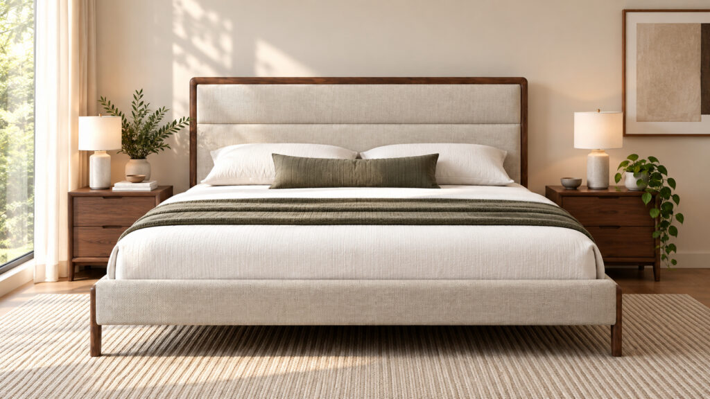 Upholstered bed with solid wood frame in a warm modern bedroom