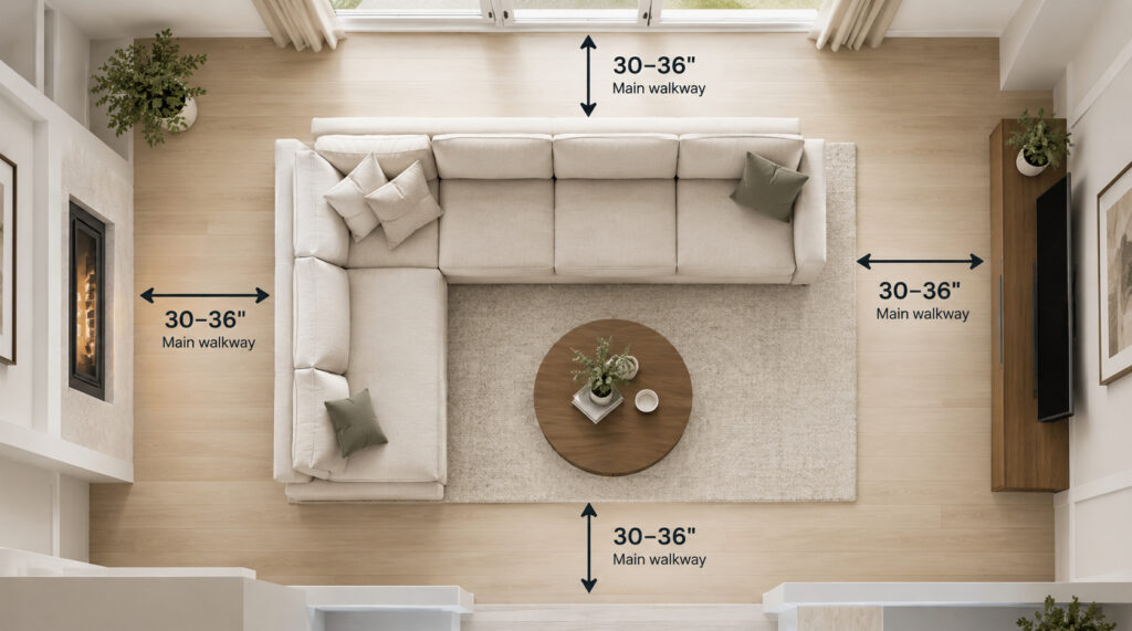 Sectional sofa room layout showing 30–36 inch main walkways
