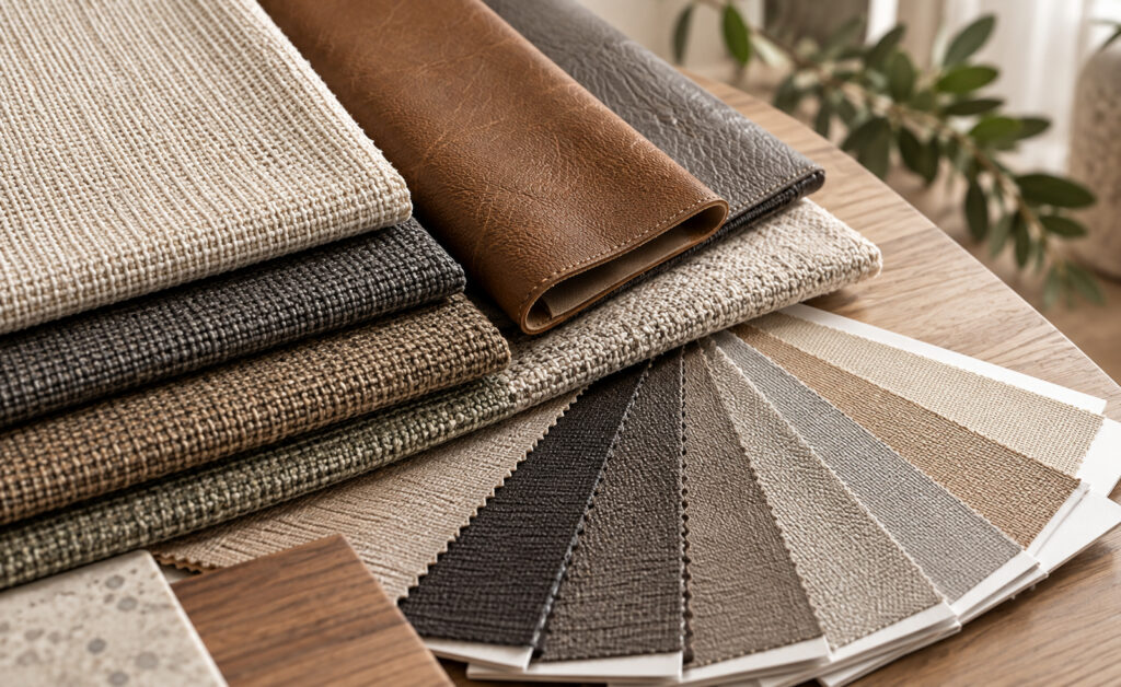 Fabric and leather upholstery samples for sectional sofas