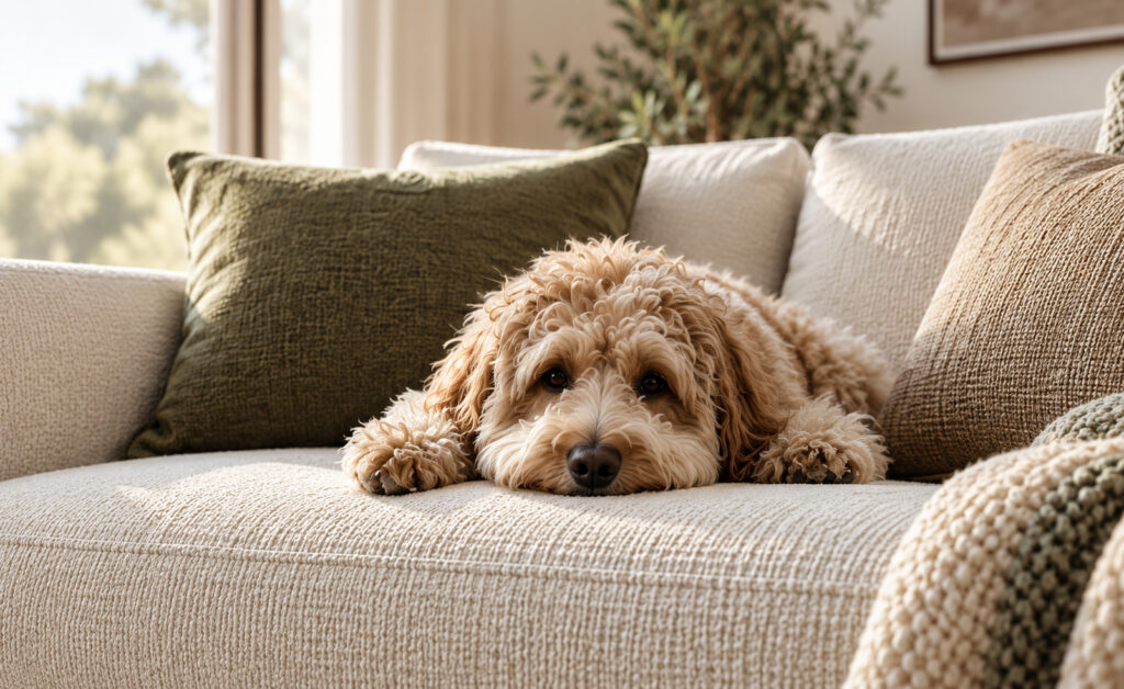 Dog relaxing on a textured sectional sofa