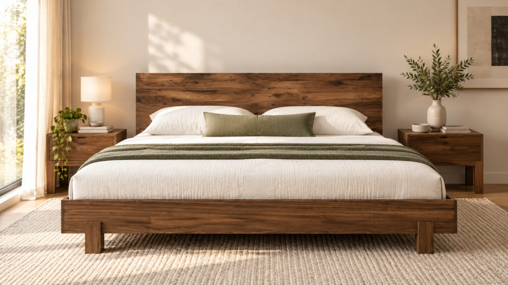 Low-profile solid wood bed in a warm modern bedroom