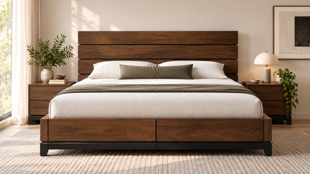 Wood panel bed with wide horizontal headboard in a modern bedroom